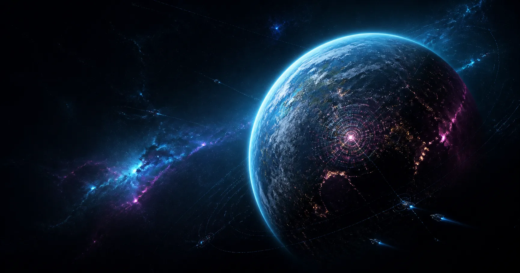 An illuminated planet surrounded by orbital fleet traffic.